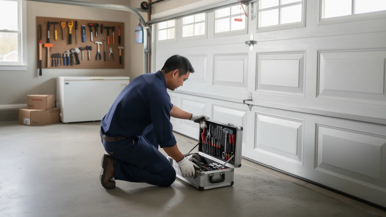 A technician kneels, opening a toolbox in front of a white garage door.