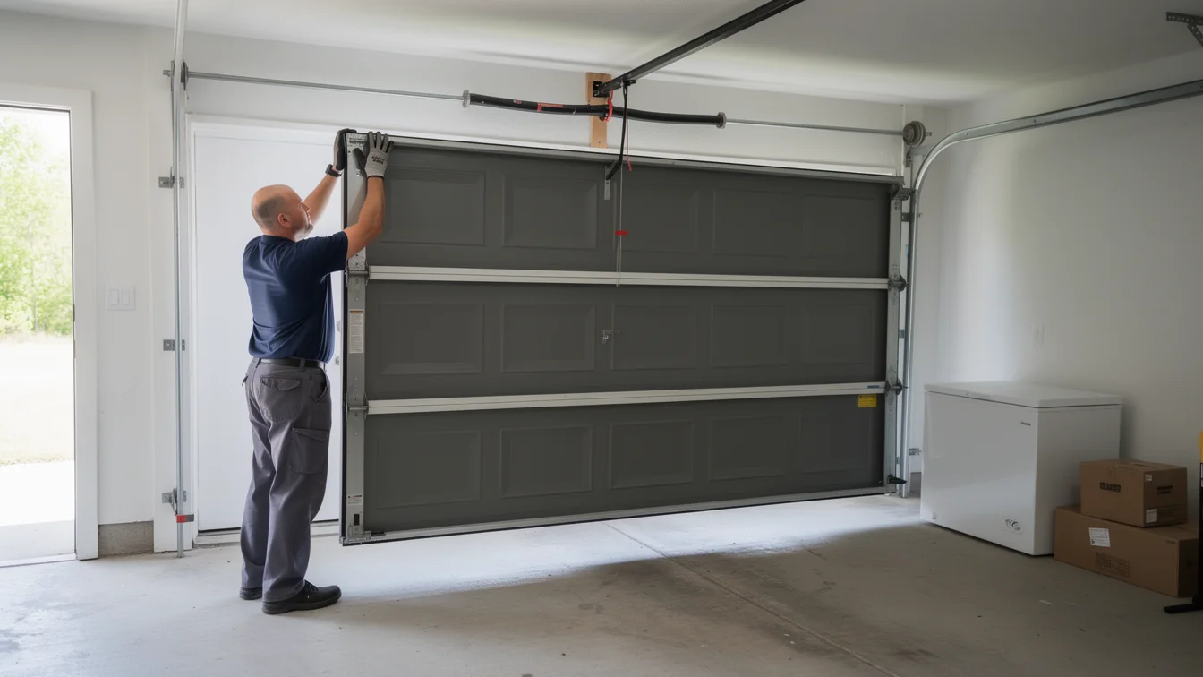 A technician in a blue shirt is adjusting a gray garage door inside a garage.