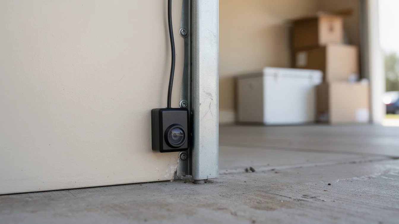 A small black camera is mounted on the garage door frame.