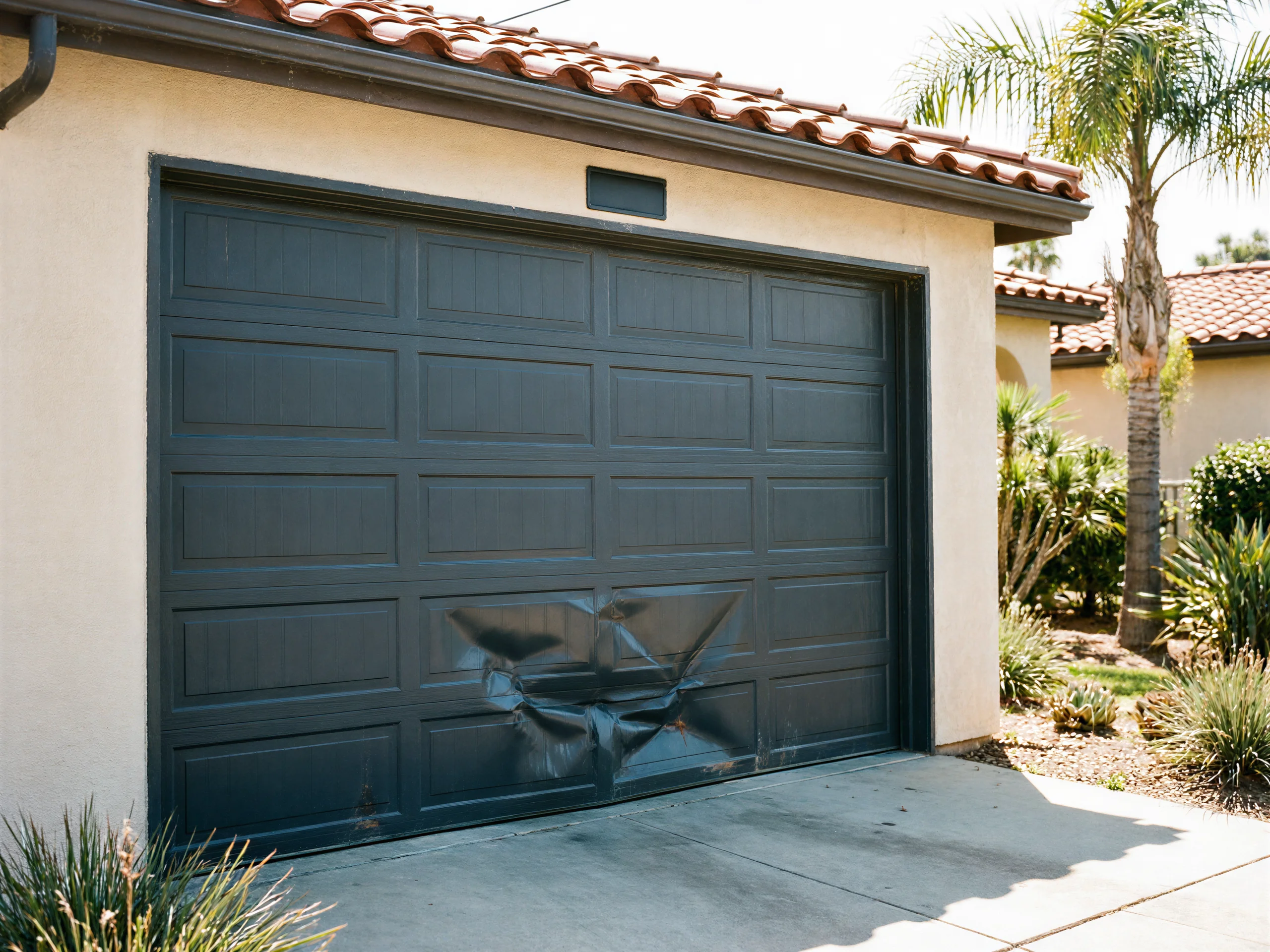 The dark gray garage door has a large dent in the bottom panel.