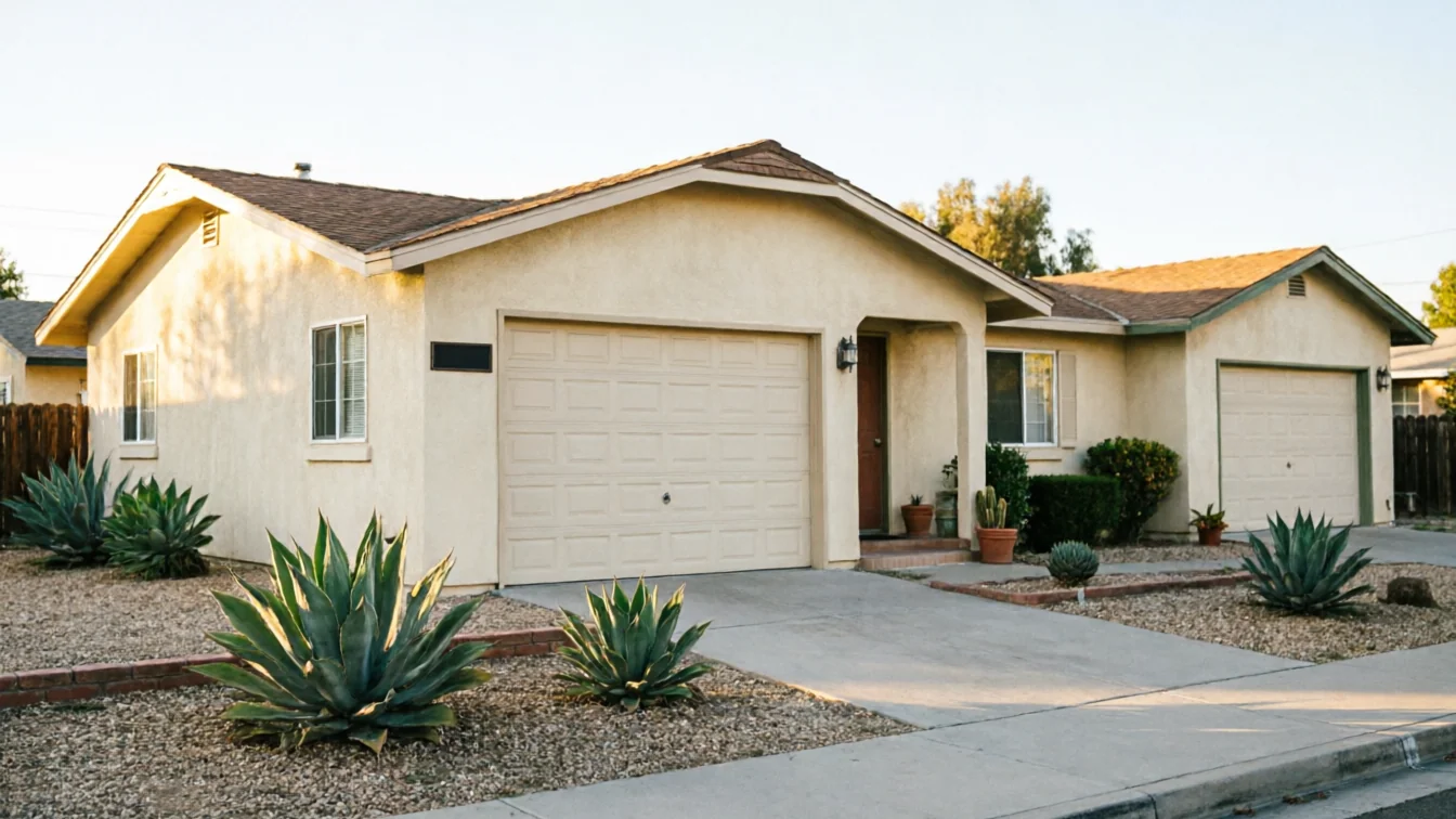 The house has two beige garage doors, a brown front door, and a gravel yard.